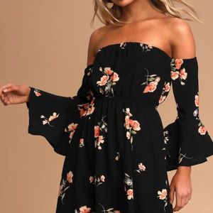 Lush Gardens Black Floral Print Off-The-Shoulder Mini Dress